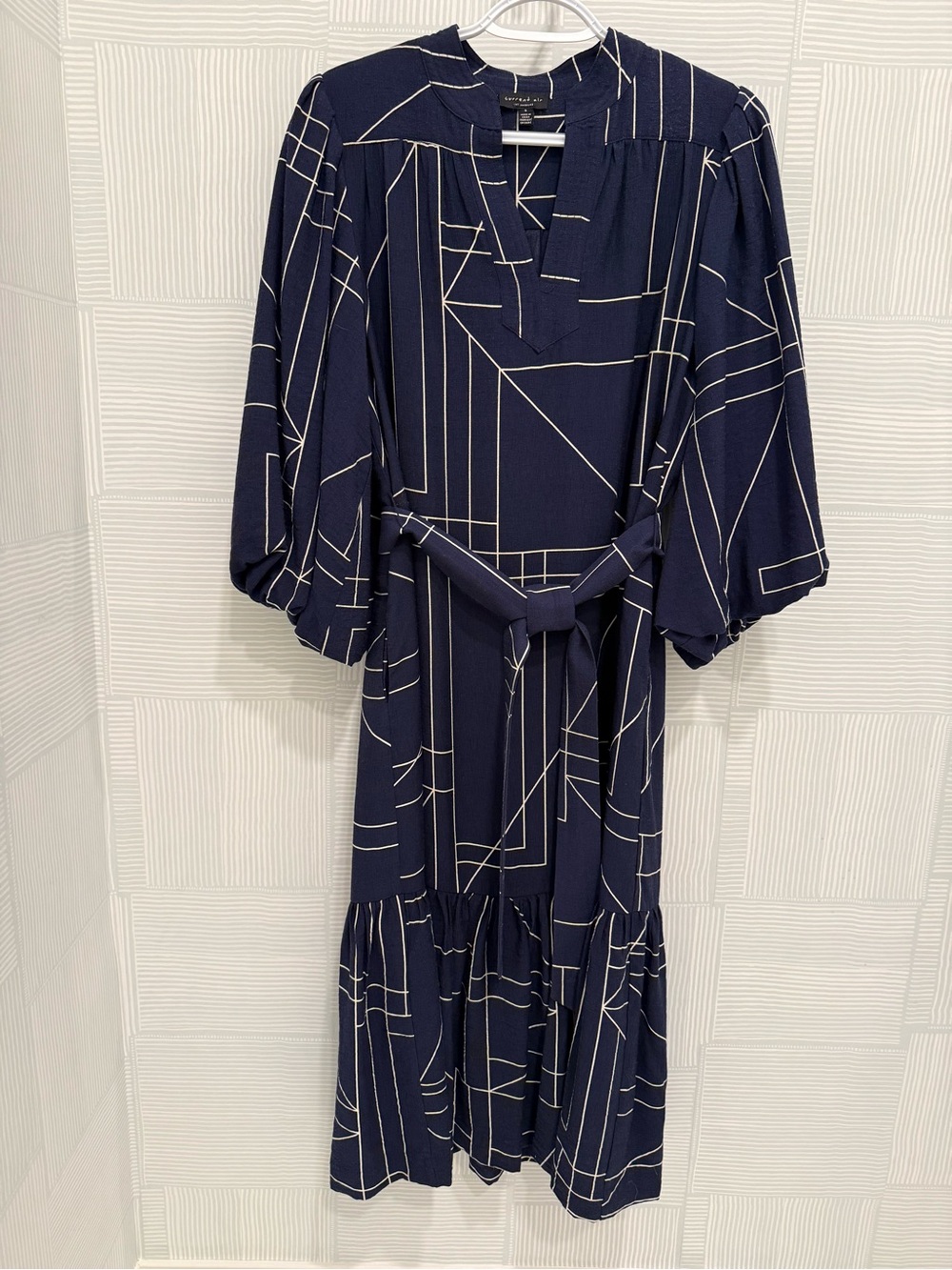 Current Air Navy Geometric Print Belted Midi Dress